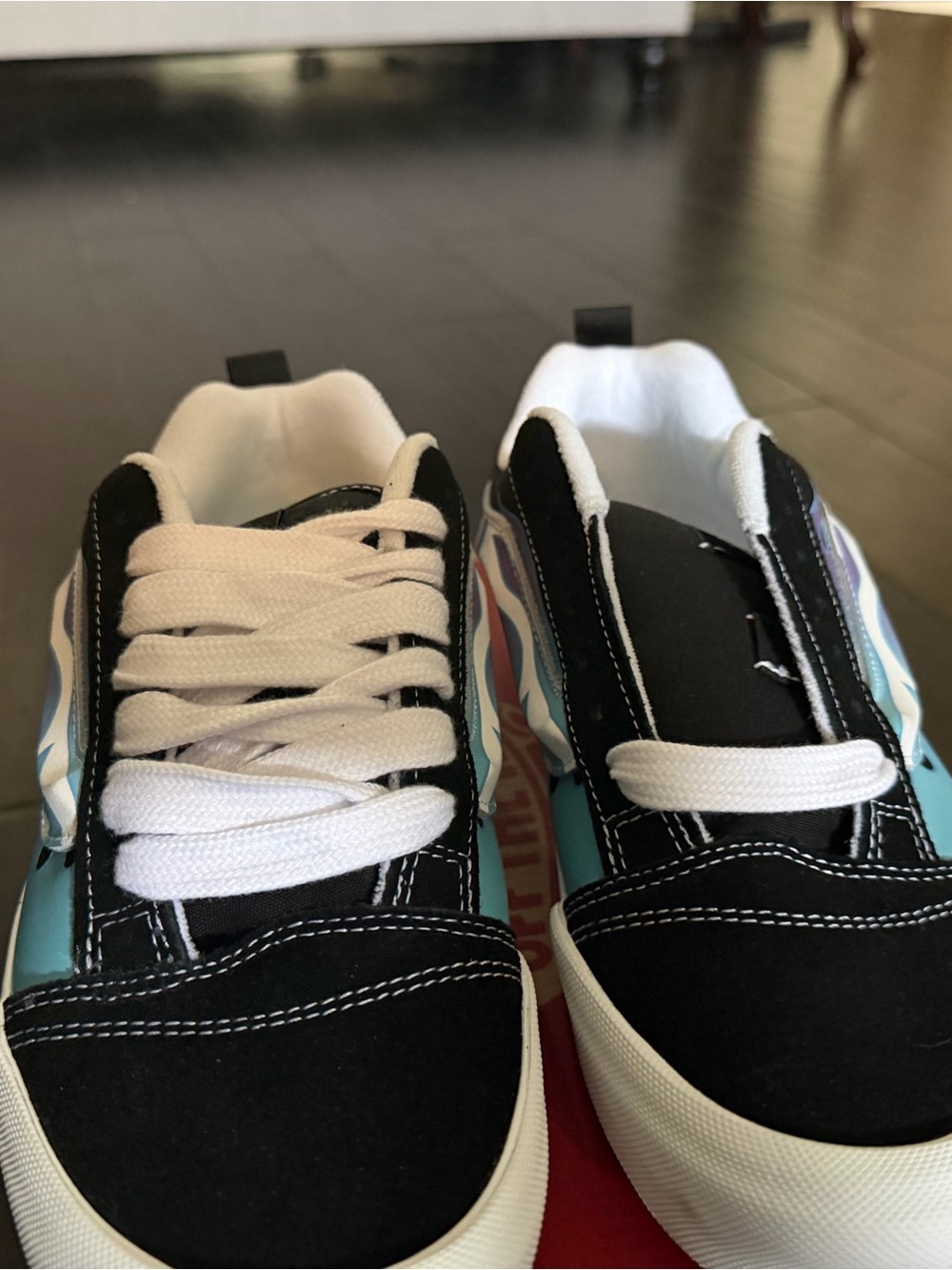 Vans Knu Skool Black Low-Top Sneakers with Blue & Purple Flame Graphic - Picture 2 of 6